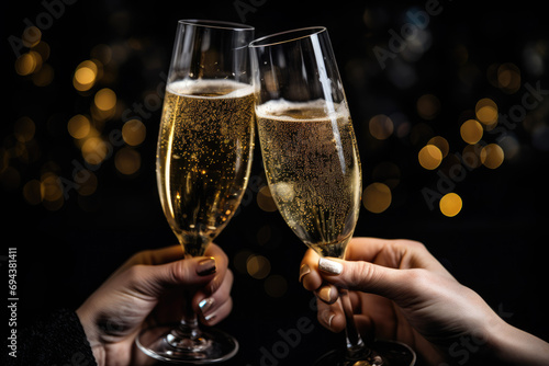 Closeup of hands holding glasses of champagne Ai generated