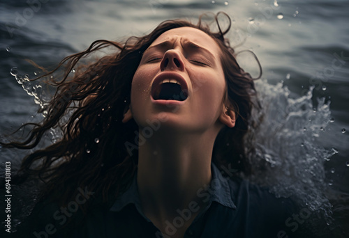 A red headed woman under water screaming with her mouth open, drowning in water, staggering, falling, sinking, crying out photo