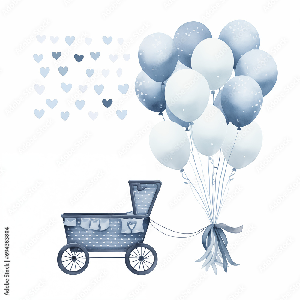 blue stroller with balloons illustration