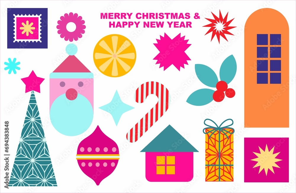 New Year, Merry Christmas - seasonal collection of isolated graphic, cartoon elements on a white background in bright colors. Hand drawn digital illustration New Year, Merry Christmas - seasonal collection of isolated graphic, cartoon elements on a white background in bright colors. Hand drawn digital illustration