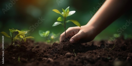 Human hand planting a tree, World environment day concept. Generative AI 