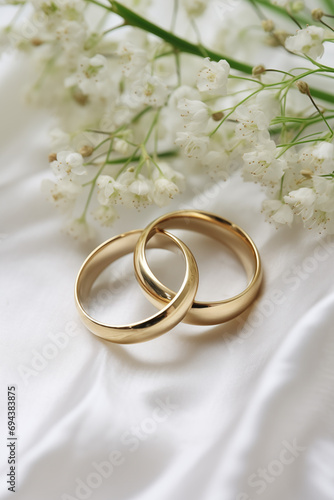weddinwedding rings with white Gypsophila flowersg rings on a bouquet of flowers