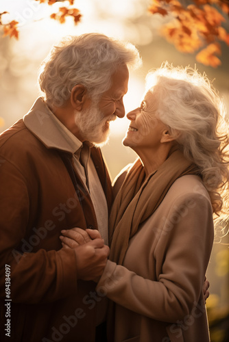 portrait of a happy old elderly senior couple hugging at sunset