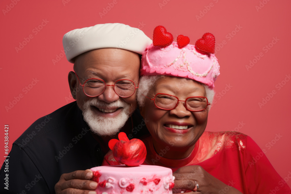Happy couple of seniors with cake celebrating birthday or Valentine's day. Happy couple of seniors with cake celebrating birthday or Valentine's day.