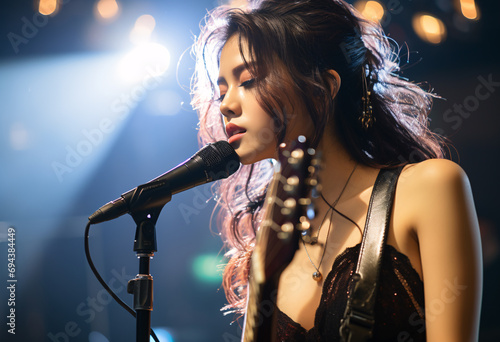 Asian teen star, female teenager singing and playing guitar on stage with glamorous style 