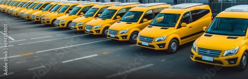 Transporting service company. Yellow delivery or taxi vans in row. Parkende Autos  vehicle. Commercial fleet. Generative AI 