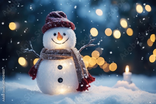 Snowman in Moonlight - A cheerful snowman in a garden, illuminated by moonlight, with snow-covered trees in the background - AI Generated