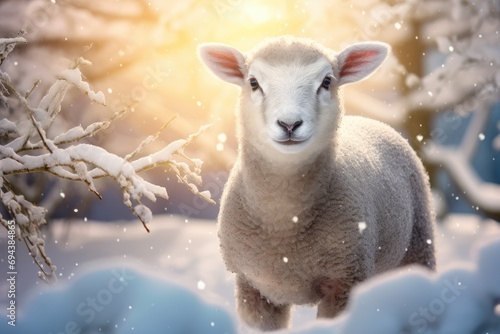 Christmas Lamb - in Winter Enrironment, Snow covered Forest - AI Generated photo