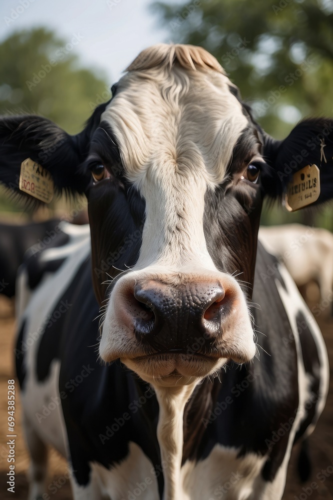 Close-up portrait of a beautiful black white cow with long horns looking at the camera in a stable barn. Farm, pets, farming concepts. Close-up portrait of a beautiful black white cow with long horns looking at the camera in a stable barn. Farm, pets, farming concepts.