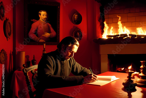 Don Juan, Spain, Cordoba, writing at the table at night in his red room with a burning fireplace. photo