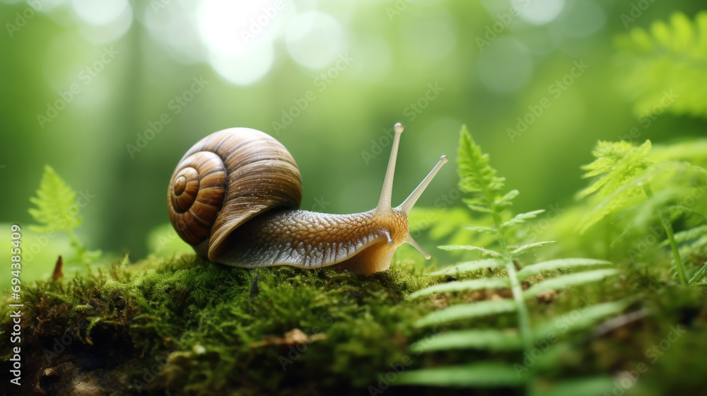 Big snail in shell crawling on road, summer day in garden Big snail in shell crawling on road, summer day in garden