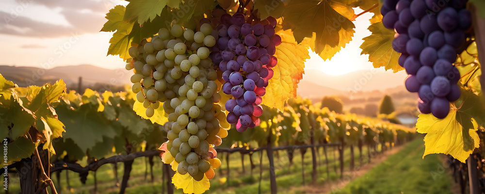 A stunning vineyard scene at sunset, with purple grapes hanging laden and golden light casting a serene atmosphere.. - obrazy, fototapety, plakaty 