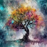 watercolor painting of tree, grunge splash background, contemporary art, stylized, detailed, high resolution