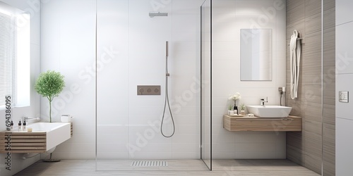 Modern apartment bathroom with white tiles and stainless steel showerhead in shower cabin.