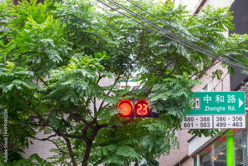Taiwan, Taipei, pedestrian signal lights, shop signs, traffic lights