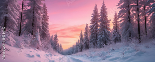 A tranquil winter scene featuring a snow-covered forest trail, with untouched snow, tall trees, and a vibrant pink sky, creating a serene atmosphere. © thisisforyou