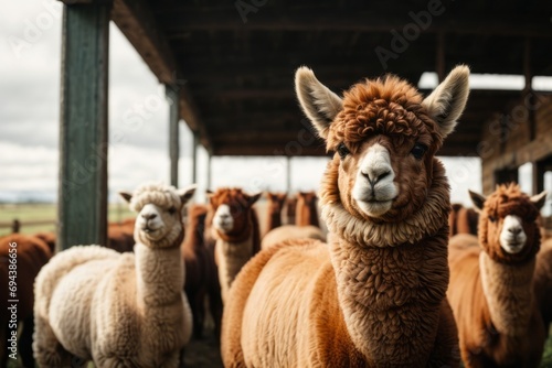 Close-up of a beautiful brown and white alpaca looking at the camera on a farm pasture. Zoo, farming, pets concepts. photo
