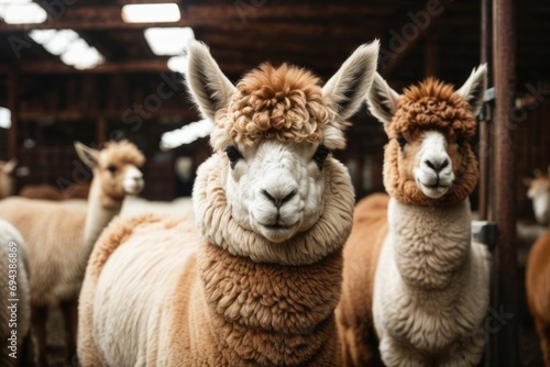 Close-up of a beautiful brown and white alpaca looking at the camera on a farm pasture. Zoo, farming, pets concepts.