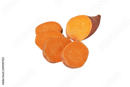 Sweet potato or boniato sliced tube with red skin and yellow flesh isolated transparent png. Vegetable food staple.
