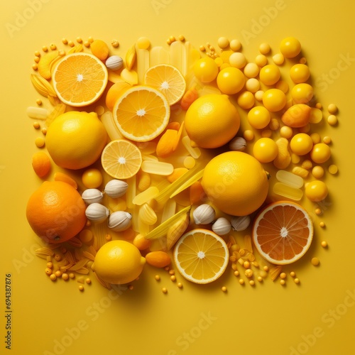 Flat lay with lemons on yellow background