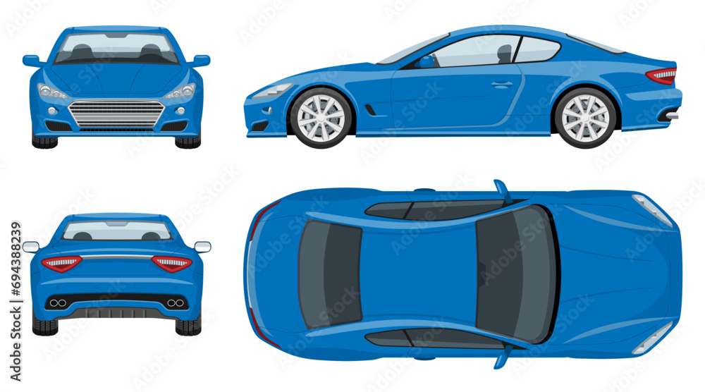 Obraz premium Blue sports car vector template with simple colors without gradients and effects. View from side, front, back, and top