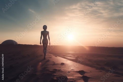 A strong female alien walks towards light on a dry planet at dawn. Generative AI