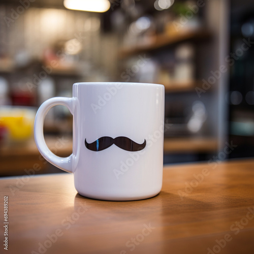 a white mug with a painted mustache on the table against the background of the kitchen interior. man s cup.