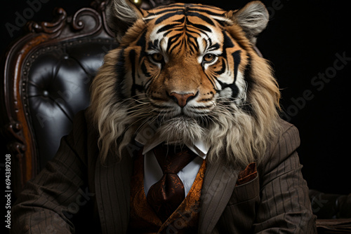 a tiger in a classic costume. a businessman with the head of a tiger. a feline predator. photo