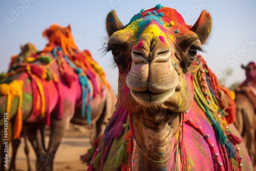 Camels decorated with colorful Holi fabrics and decorations 