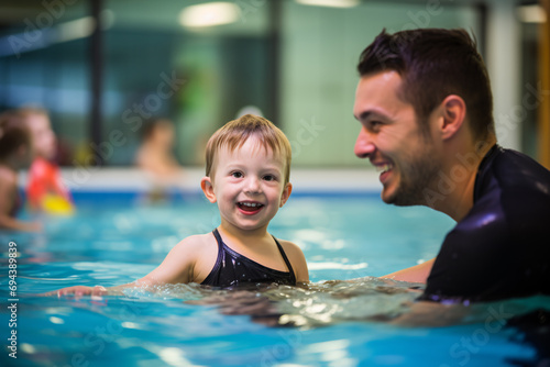A Caucasian man teach swimming lesson to a toddler boy, a man play in water with a kid in a swimming pool © 1by1step