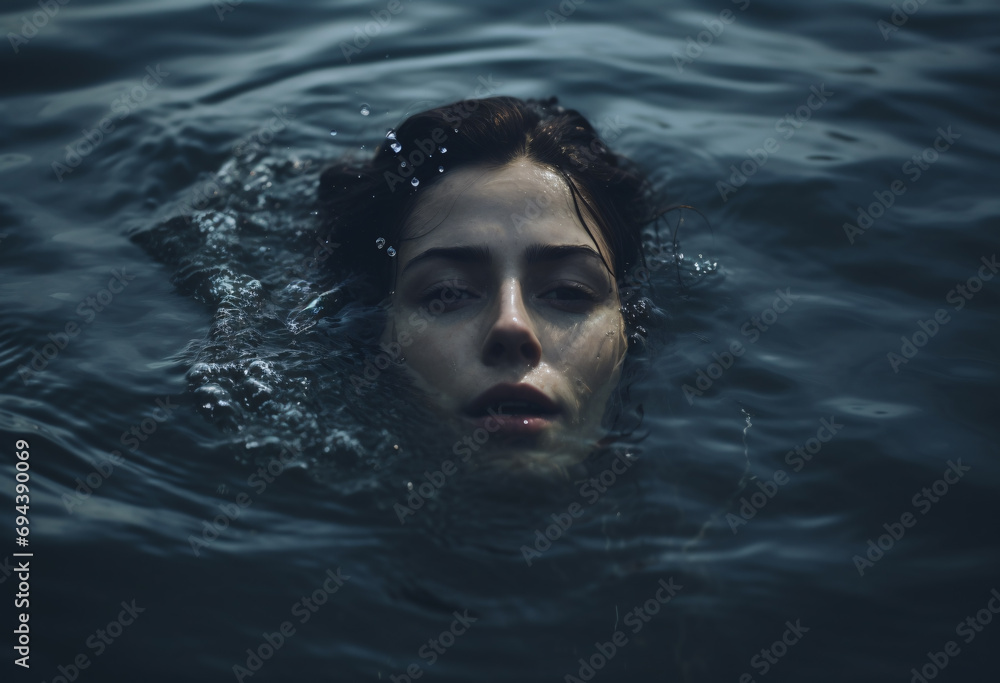 A brunette lady floats in water with an open face