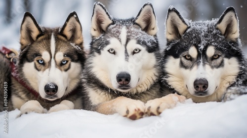 A group of huskies in a moment of rest during a snow-covered sled dog race, their endurance and strength on display in the wintery competition.