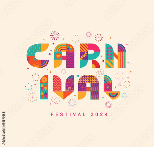 Light carnival banner, invitation for festival 2024.Party card for carnaval,mardi gras,masquerade,parade.Letters from geometric shapes,fireworks, stars. Template for design flyer, web,poster. Vector