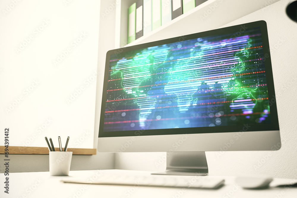 Abstract digital world map on modern computer monitor, big data and blockchain concept. 3D Rendering Abstract digital world map on modern computer monitor, big data and blockchain concept. 3D Rendering