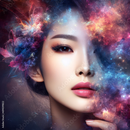 abstract portrait of a woman double exposure with a colorful digital paint splash or space nebula. ai generative