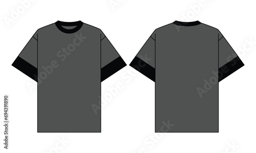 Gray-Black Short Sleeve Oversize T-Shirt Design on White Background. Front and Back Views, Vector File.