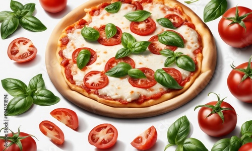 Pizza Margherita with Tomato and Basil Isolated on a White Background, Generative AI