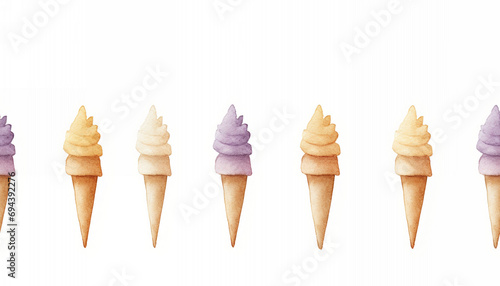 Seamless watercolor illustration of ice cream cones in alternating lavender and peach tones