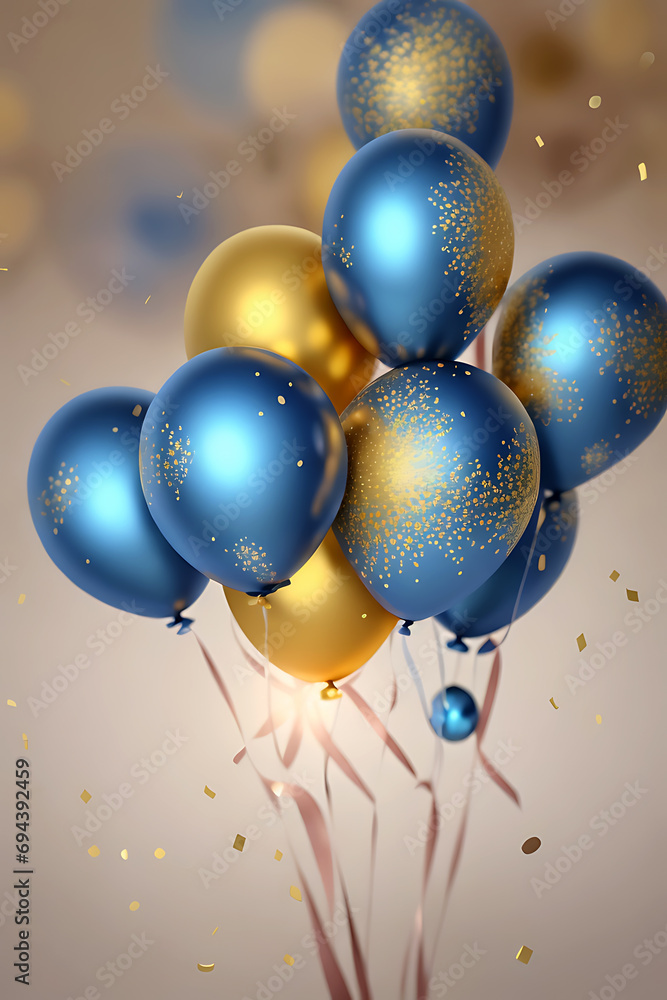 golden and blue balloons, ribbons. card for birthday, anniversary, new year, Christmas generative AI golden and blue balloons, ribbons. card for birthday, anniversary, new year, Christmas generative AI
