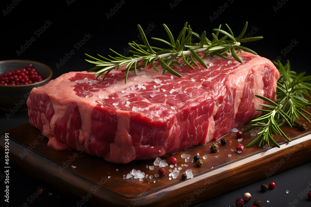 raw red meat, beef steak close-up on the kitchen table. cooking at home.