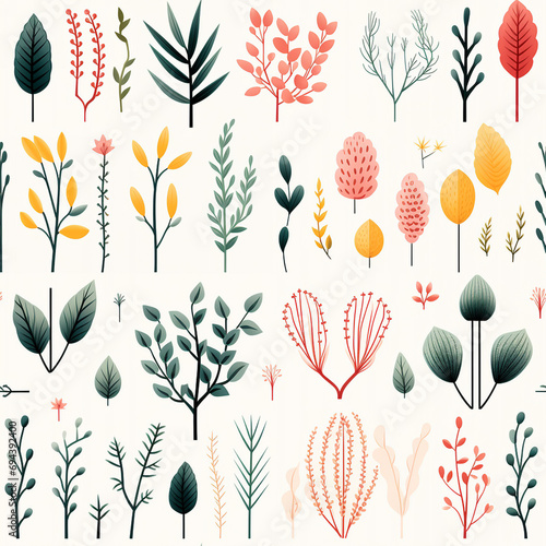A seamless botanical pattern showcasing a variety of stylized flora in a modern, muted color palette, perfect for fabric and wallpaper photo