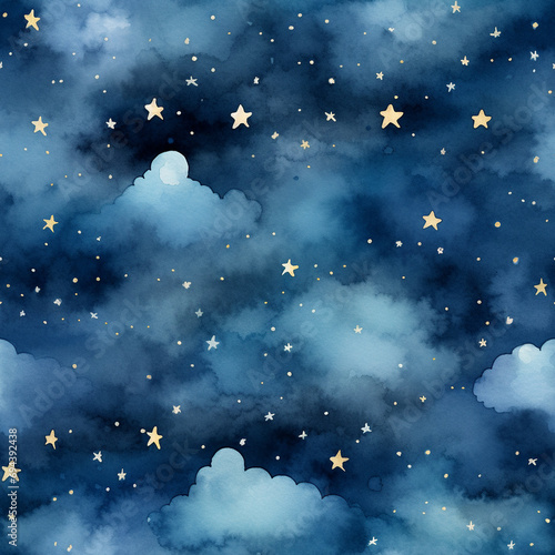 A seamless pattern of watercolor night sky with fluffy clouds and scattered stars in shades of deep blue