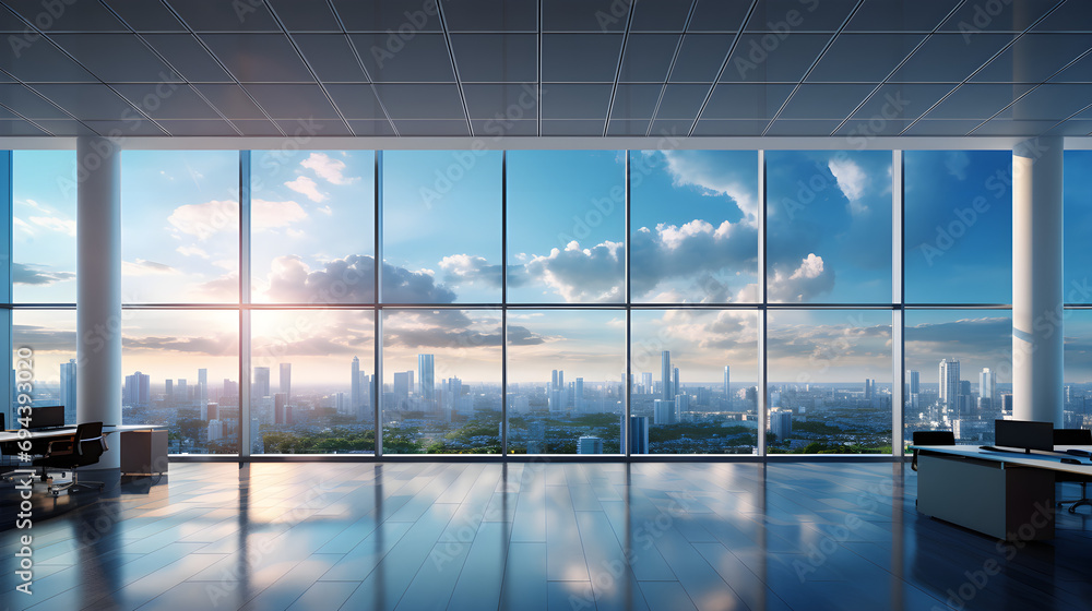 Fototapeta premium Bright room for office and work with panoramic windows