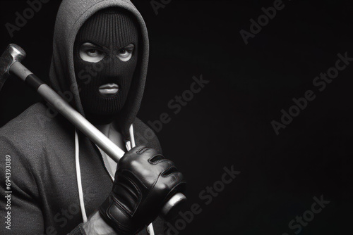 Man in a robber mask on a black background. ai generative