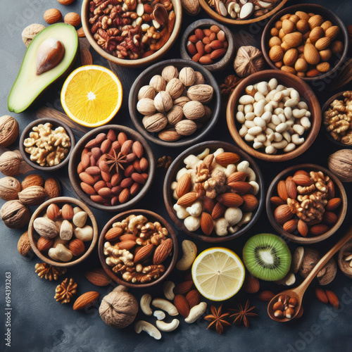 Mix of different types of nuts, healthy food concept. ai generative