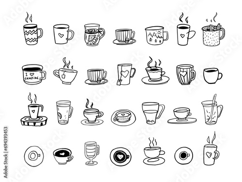 Cute set of cups and mugs in doodle style. I love tea, tea time, coffee time, cup of coffee, mug of tea, travel mug. Mug in hand. Hand drawn. Vector illustration EPS10. Isolated on white background