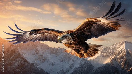 majestic golden eagle flying high over the snowy mountain peak © EmmaStock