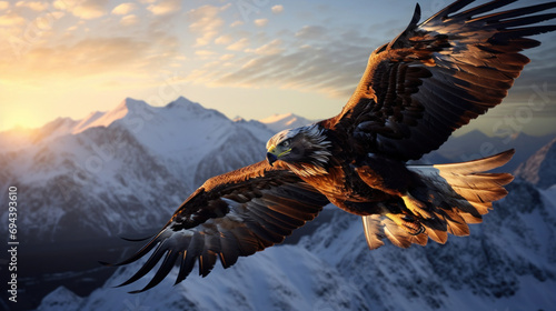 majestic golden eagle flying high over the snowy mountain peak photo