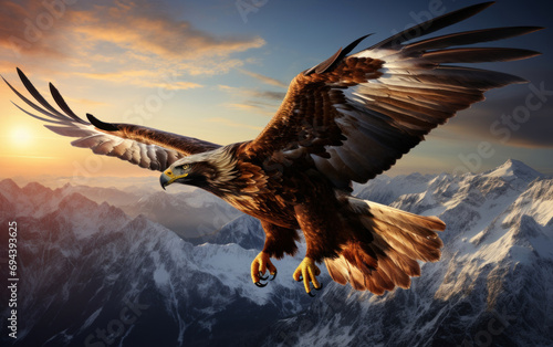 majestic golden eagle flying high over the snowy mountain peak © EmmaStock