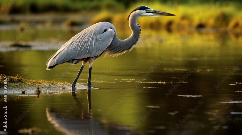 A heron wading in shallow waters, hunting for its next meal.